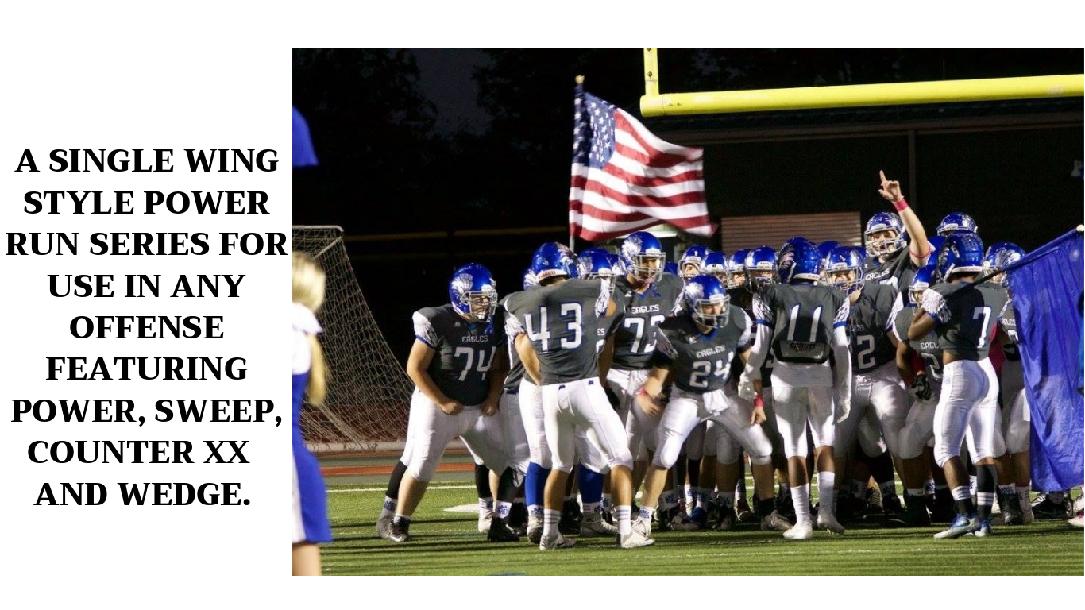 A SINGLE WING STYLE POWER RUN SERIES FOR USE IN ANY OFFENSE- FEATURING POWER, SWEEP, COUNTER XX AND WEDGE. 